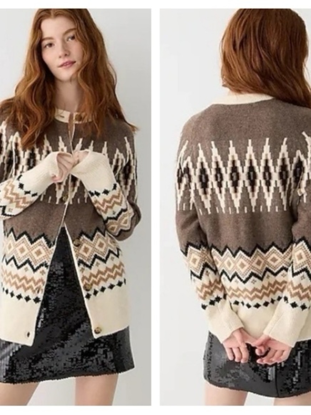 J. Crew Women Cardigan Brown Knit Wool Alpaca Blend Fair Isle Nordic size L
